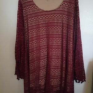 UMGEE WOMEN MINI DRESS BURGUNDY CROCHETED BELL SLEEVE POM POM SZ 2X